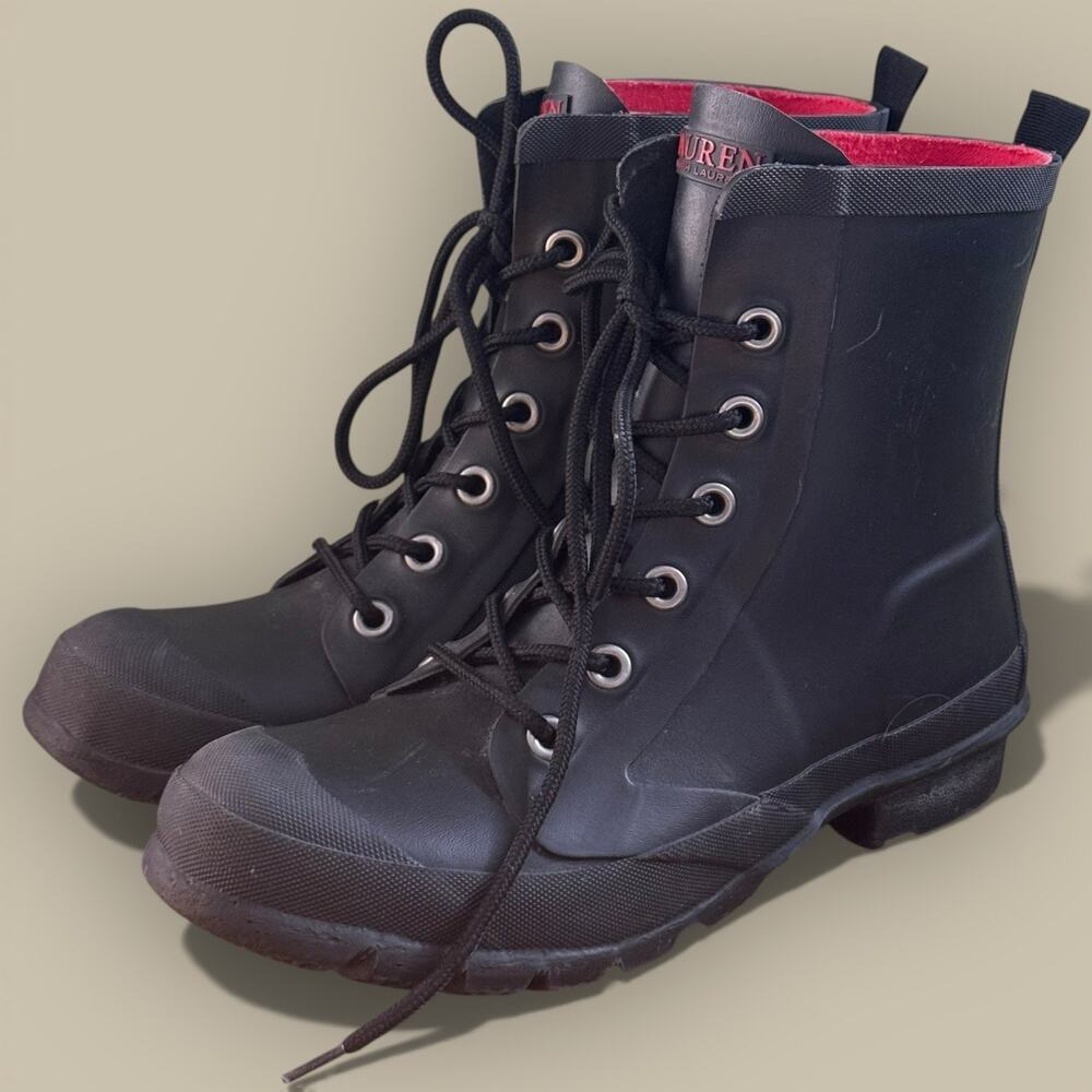 Polo Ralph Lauren Mikenna Black Rubber Rain Duck Boots Lace Up Women's Size 6